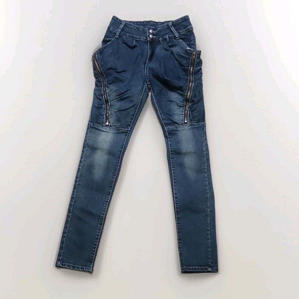 Funky Women's Blue Medium Wash Skinny Denim Jeans Side Zippers 5-Pocket